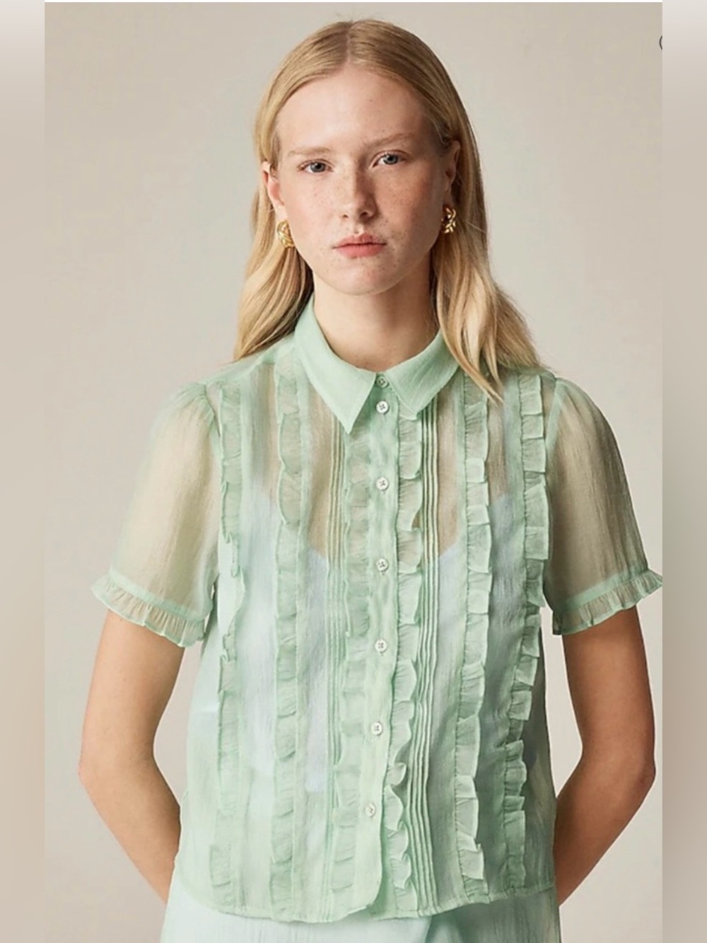 J. Crew Green Crinkle Pintuck Ruffle Button Down Blouse s 10